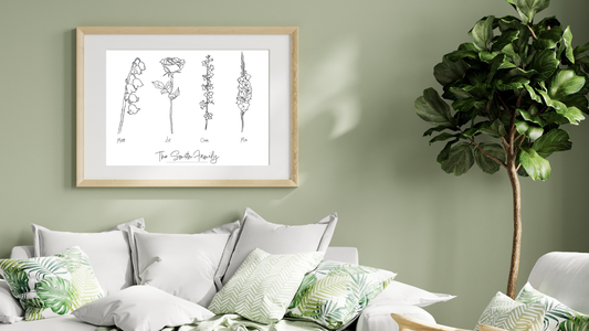 room with line art flower wall art by leah prusiner art