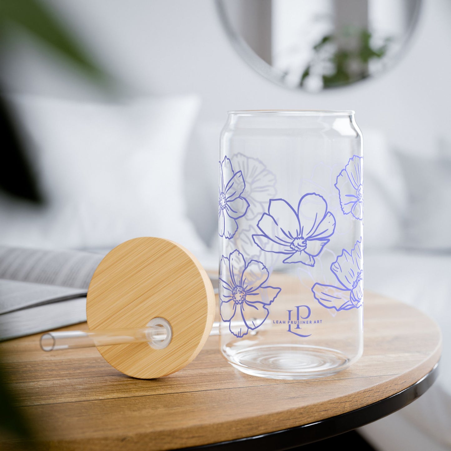Lavender Flower Outline Sipper Glass 16oz | Floral Iced Coffee Glass