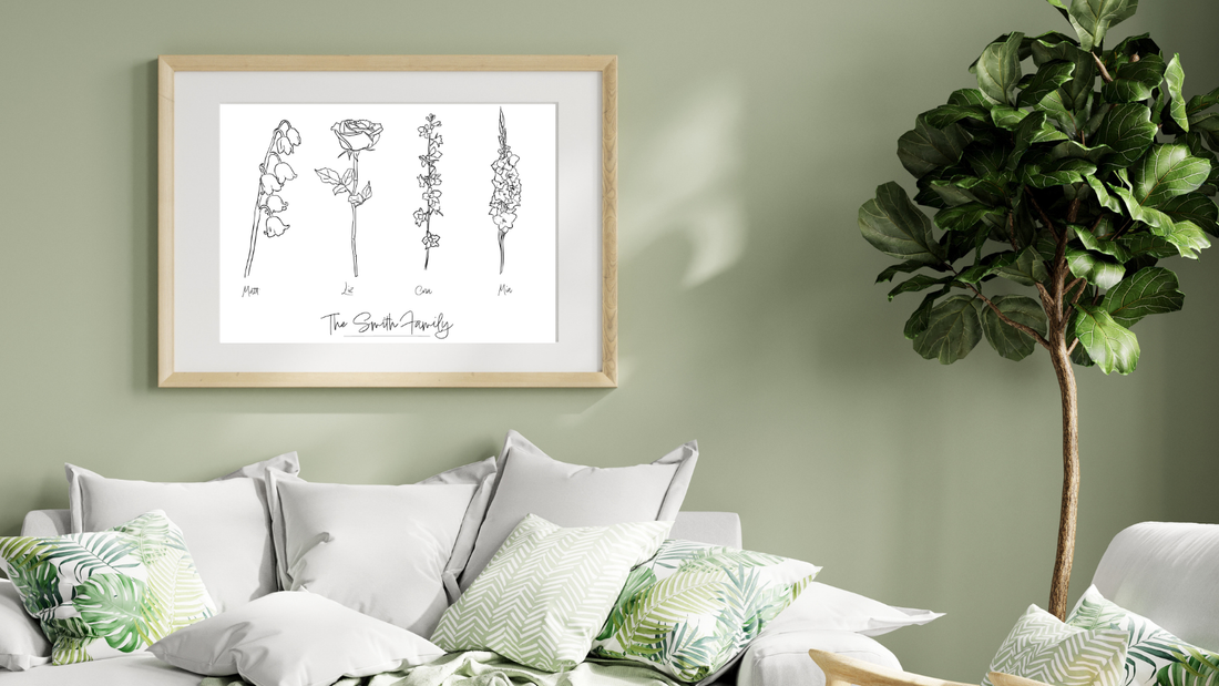 room with line art flower wall art by leah prusiner art