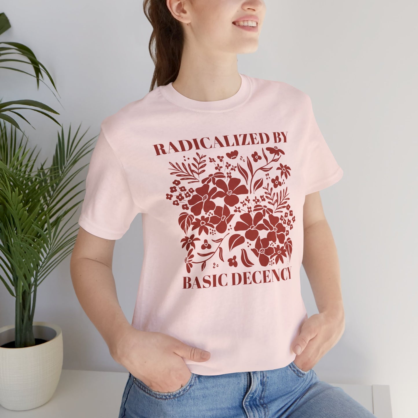 Radicalized by Basic Decency Floral Tee — Hand-Drawn Dark Red Design