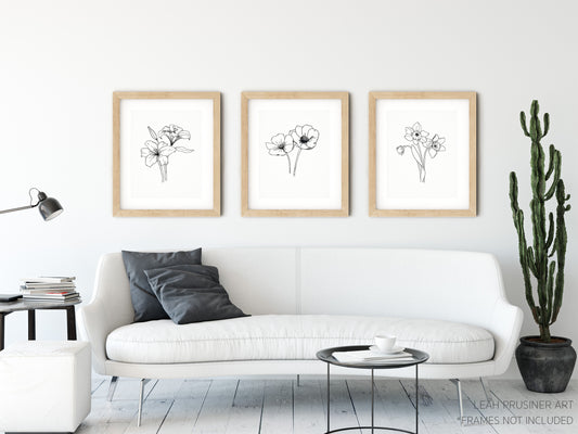 Black & White Botanical Flower Art Prints - Anemones, Lilies, Daffodils