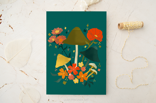 Green Shrooms & Blooms Art Print