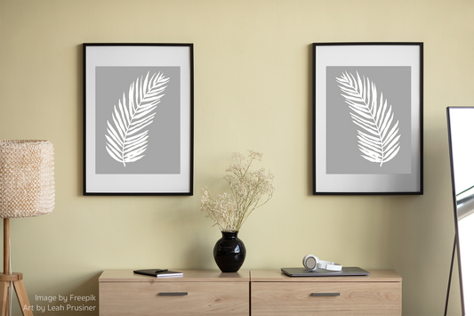 Minimalist Gray Palm Leaves Set of 2 Art Prints - Modern Wall Art