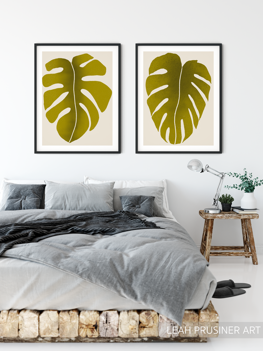 Green Monstera Leaves Print Set of 2 | 11x14 | Minimalist Abstract Gallery Wall Art