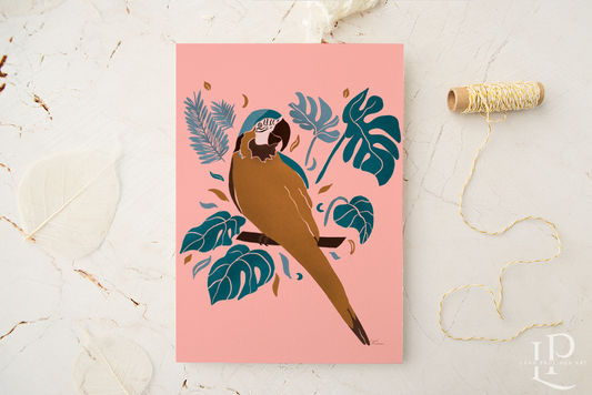 perched parrot with leaves on pink background by leah prusiner art