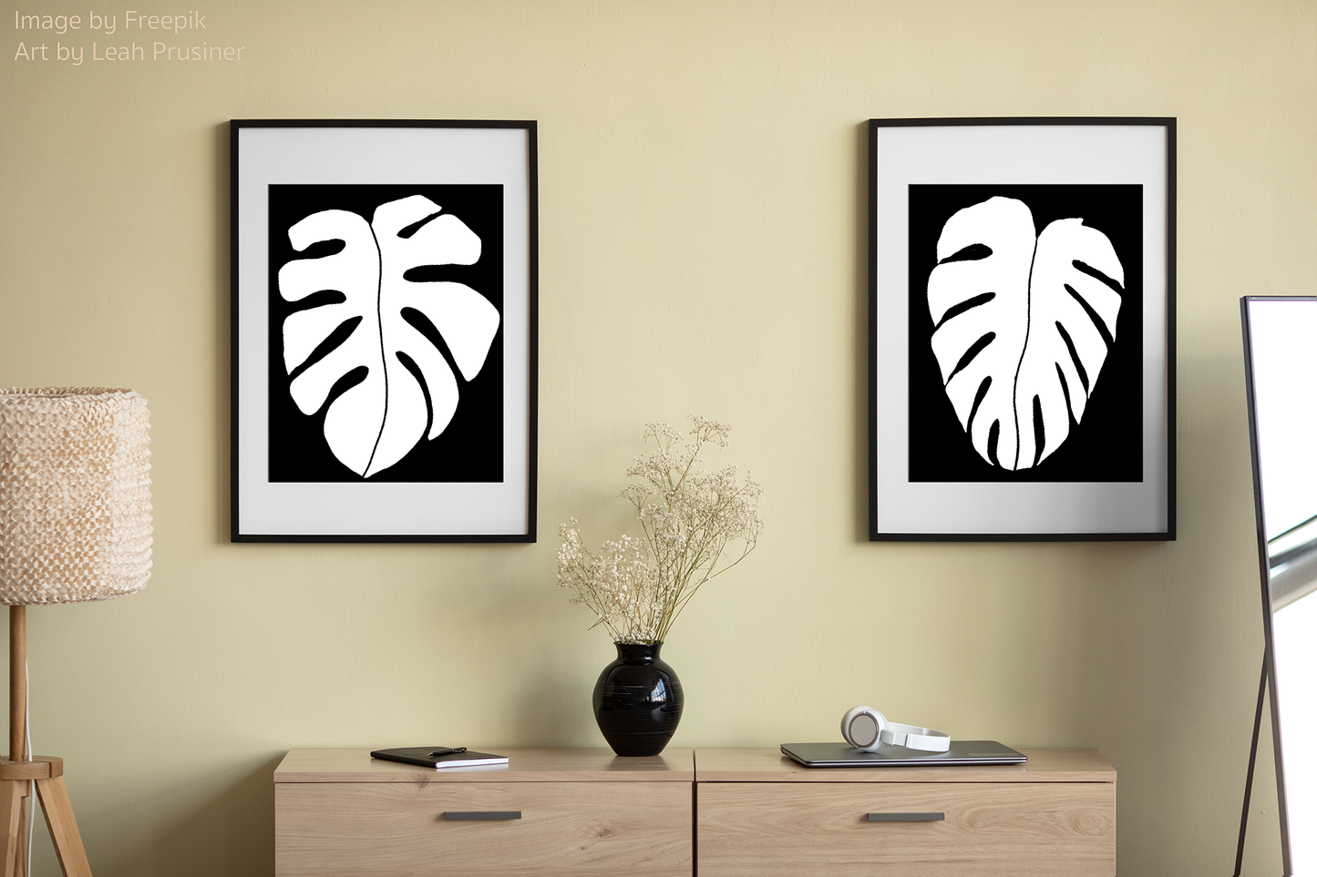 Monstera Leaves Set of 2 Art Prints Black and White - Minimalist Wall Art